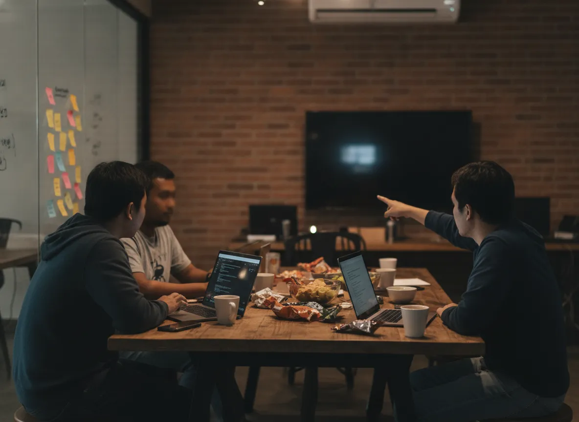 Team members coding together during a hackathon